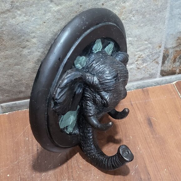 Ceramic Elephant Head Hanging Wall Hook Black Green Leaf Accents - Picture 8 of 10